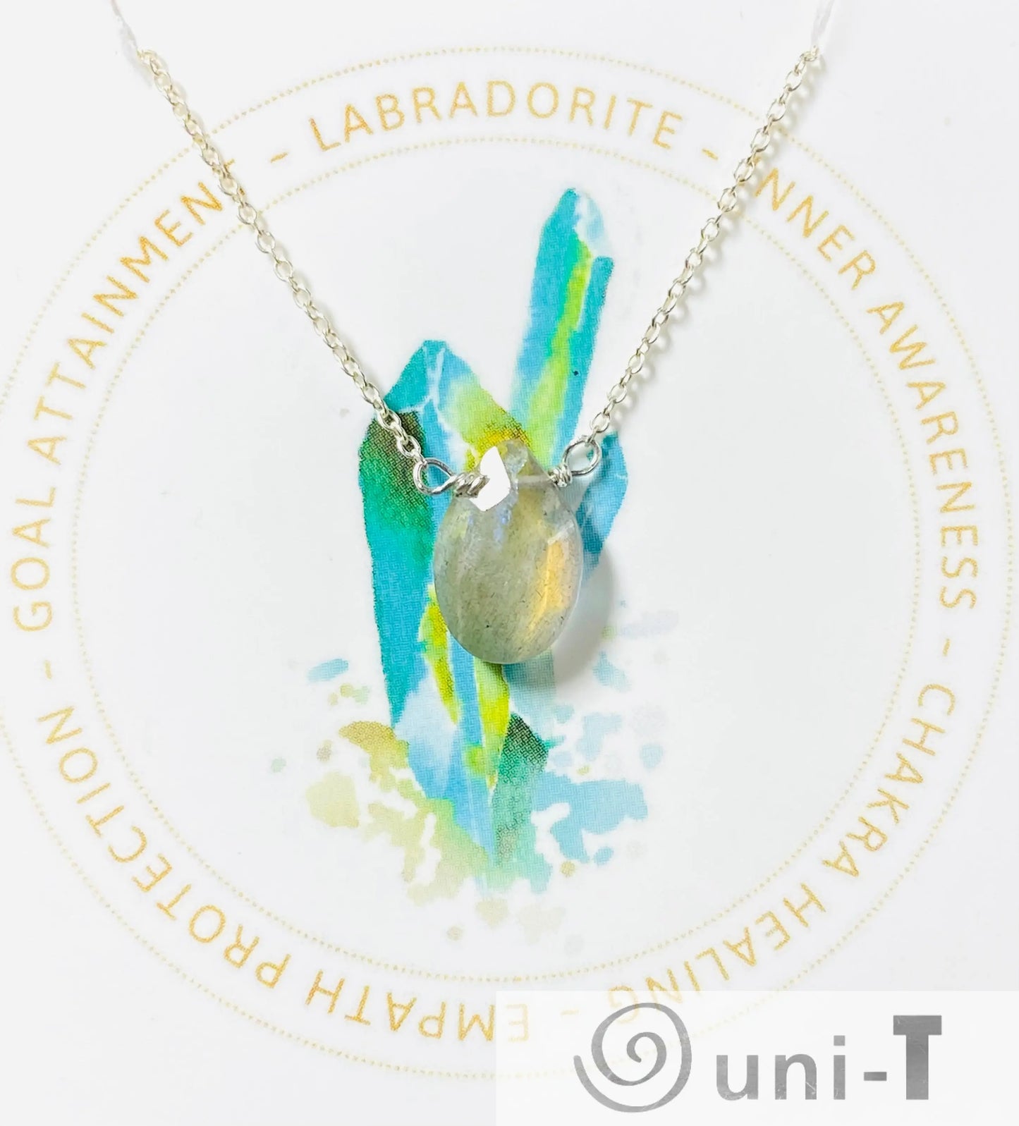 Labradorite gemstone necklace on sterling silver chain with watercolor crystal art. Promotes goal attainment and inner awareness.