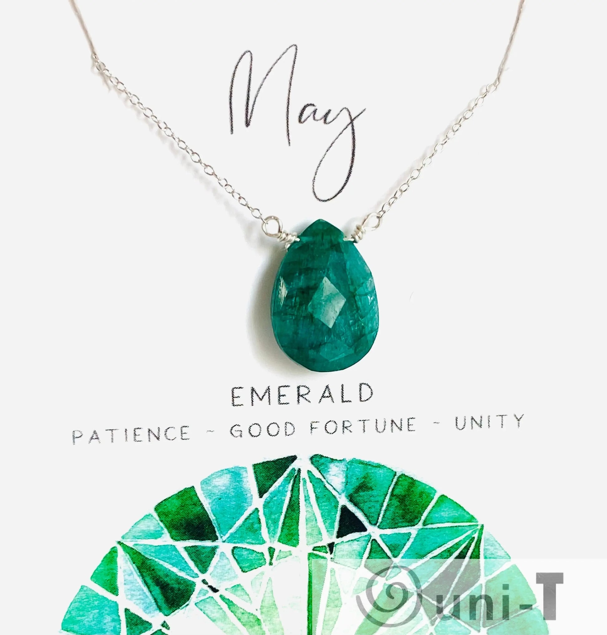Emerald gemstone necklace for May birthdays with sterling silver chain. Symbolizes patience, good fortune, and unity.
