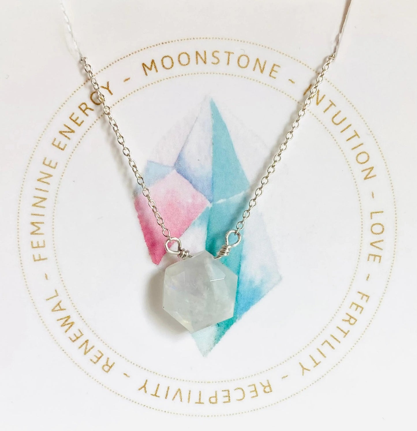 Moonstone gemstone necklace with sterling silver chain and hexagon cut. Represents intuition, love, and feminine energy.