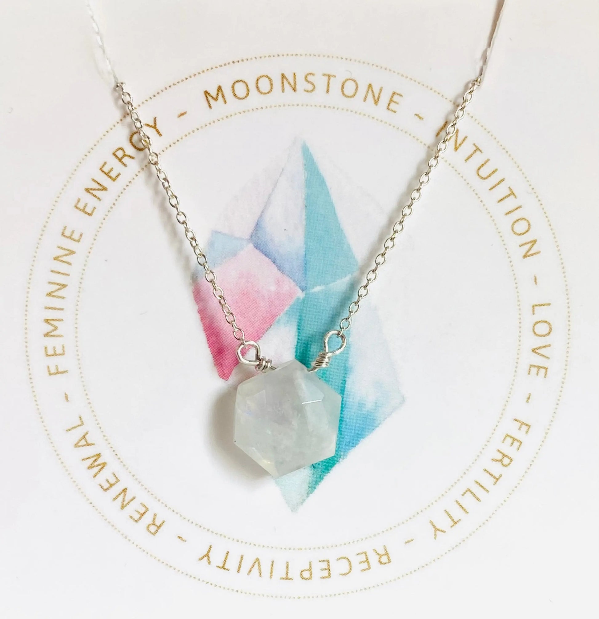 Moonstone gemstone necklace with sterling silver chain and hexagon cut. Represents intuition, love, and feminine energy.