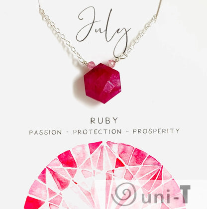 Ruby gemstone necklace for July with sterling silver chain and hexagon cut. Represents passion, protection, and prosperity.