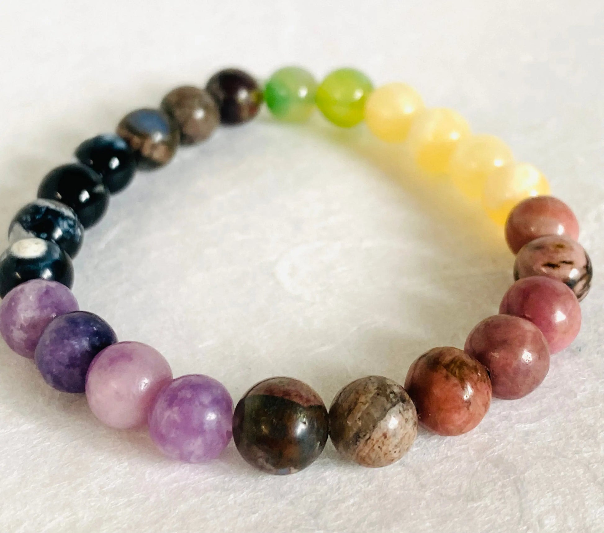 Rainbow gemstone stretch bracelet featuring labradorite, agate, calcite, and chalcedony beads for a colorful, balanced look.