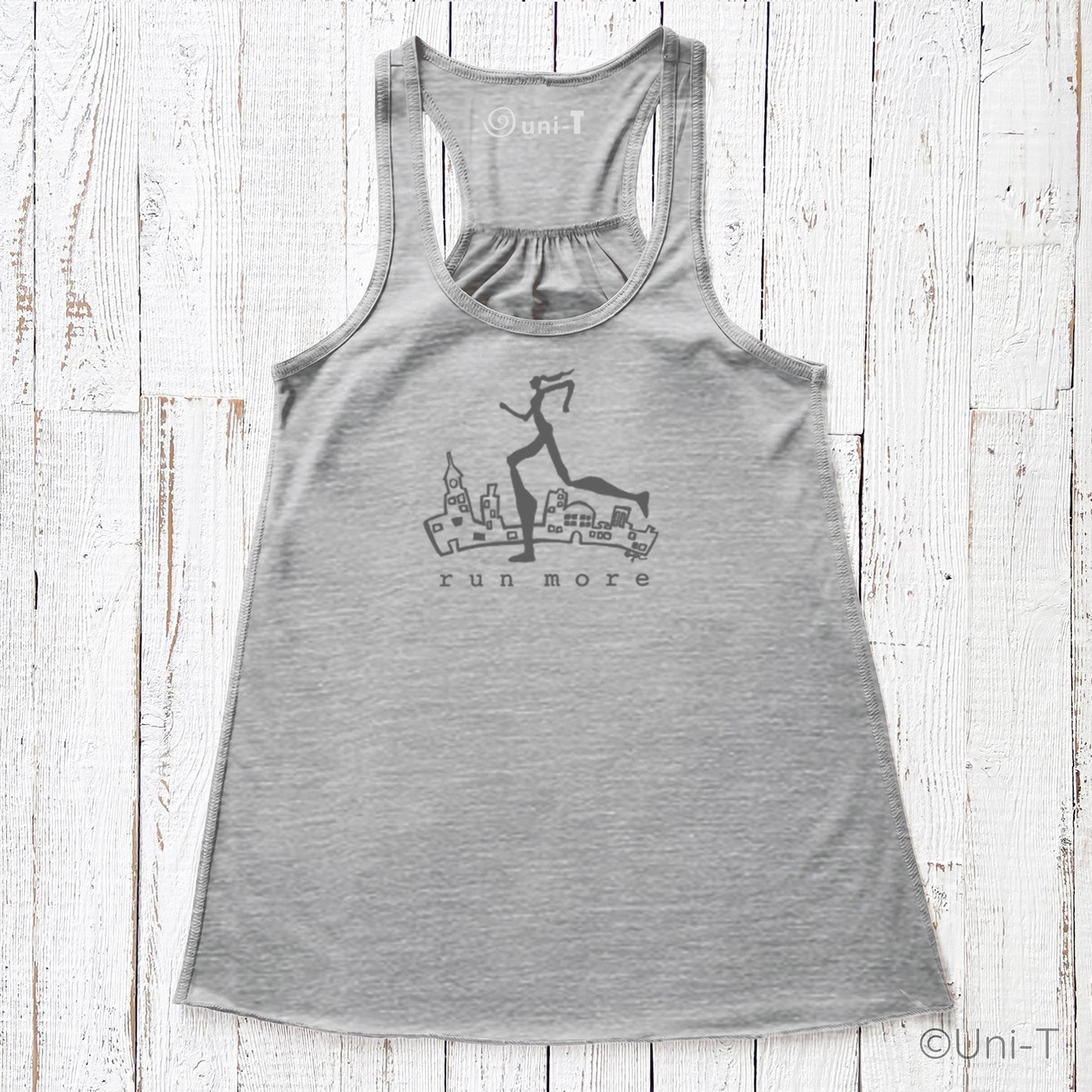 Gray Run More Tank Top for Women with cityscape and runner graphic, flowy racerback design ideal for running and fitness wear.