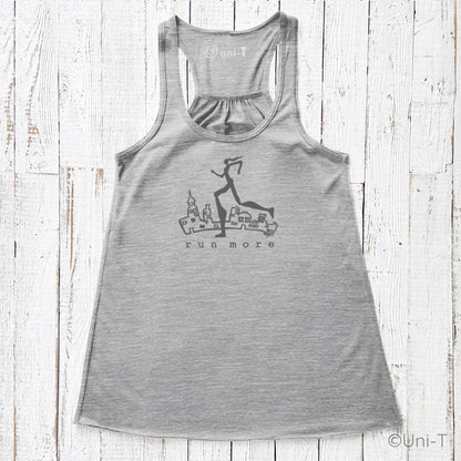 Gray Run More Tank Top for Women with cityscape and runner graphic, flowy racerback design ideal for running and fitness wear.
