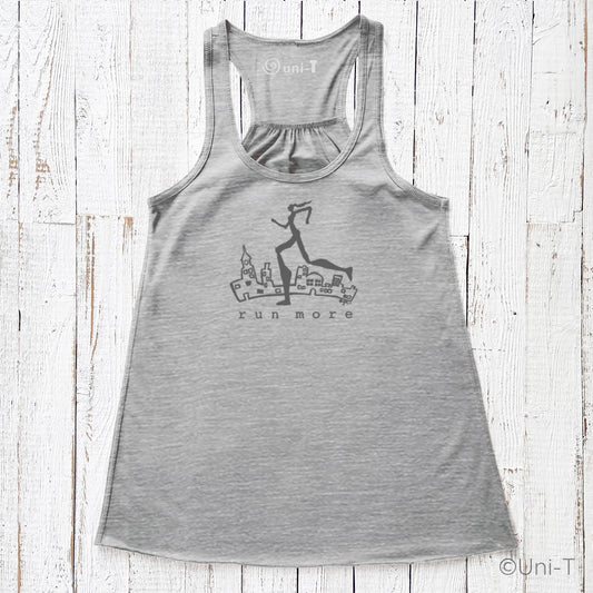 Gray Run More Tank Top for Women with cityscape and runner graphic, flowy racerback design ideal for running and fitness wear.