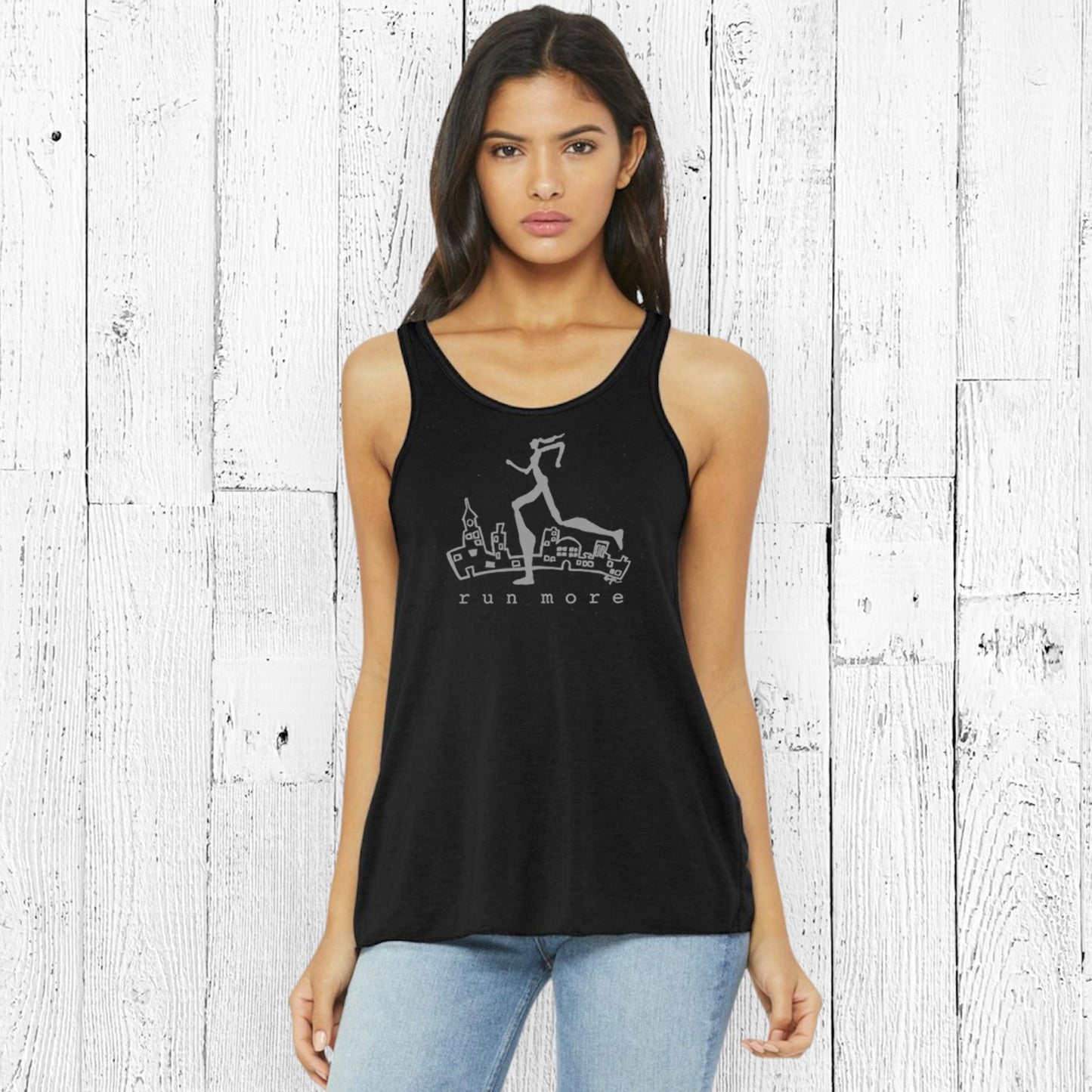 Black Run More Tank Top for Women modeled, featuring a motivational runner print, perfect for active lifestyle and workout sessions.