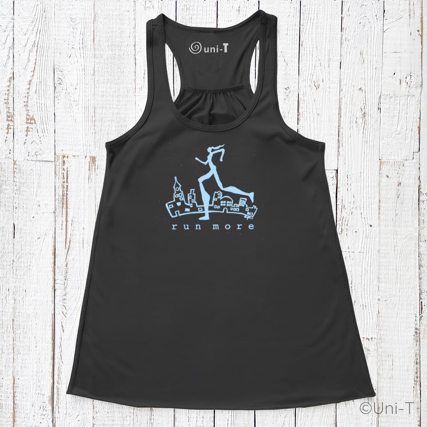 Black flowy racerback Run More Tank Top for Women with light blue runner and city design, breathable and eco-friendly for runners.