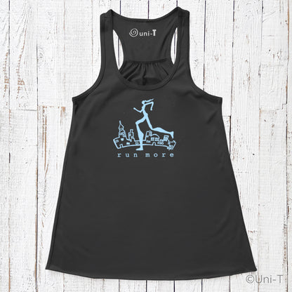 Black flowy racerback Run More Tank Top for Women with light blue runner and city design, breathable and eco-friendly for runners.
