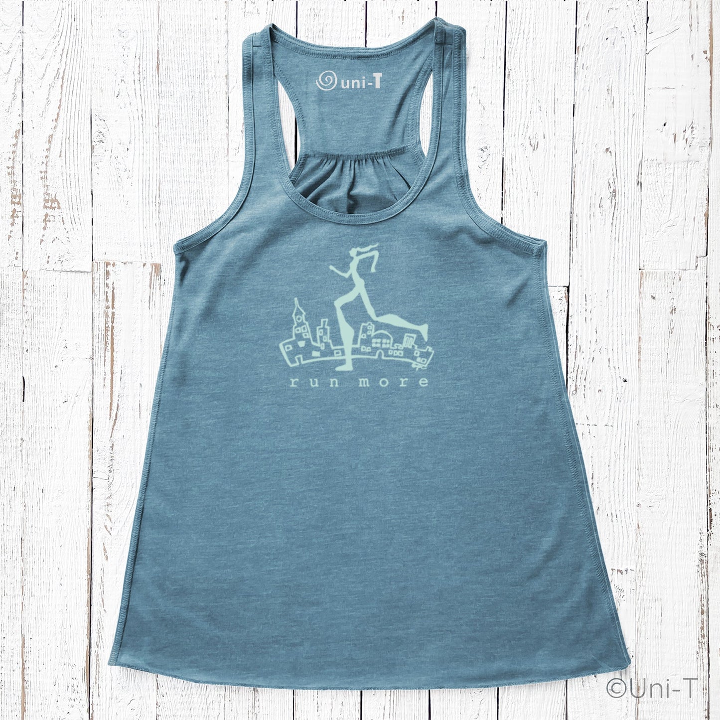 Blue Run More Tank Top for Women with cream runner graphic, lightweight racerback cut for comfortable running and fitness activities.