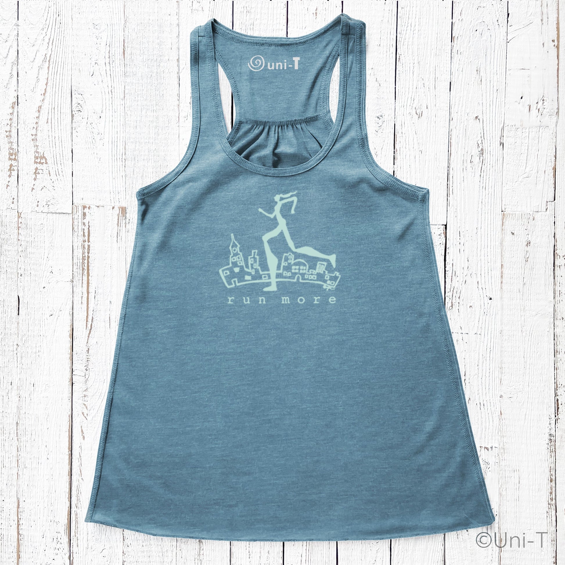 Blue Run More Tank Top for Women with cream runner graphic, lightweight racerback cut for comfortable running and fitness activities.