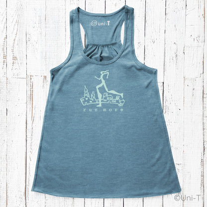 Blue Run More Tank Top for Women with cream runner graphic, lightweight racerback cut for comfortable running and fitness activities.