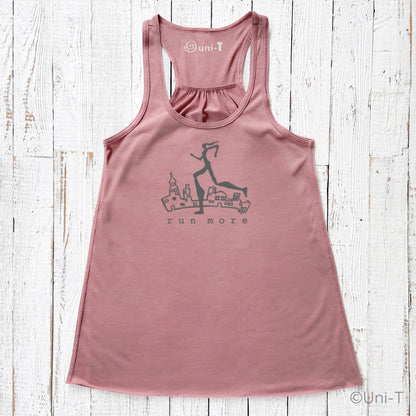 Pink Run More Tank Top for Women with dark runner and city illustration, stylish and motivational activewear for women runners.