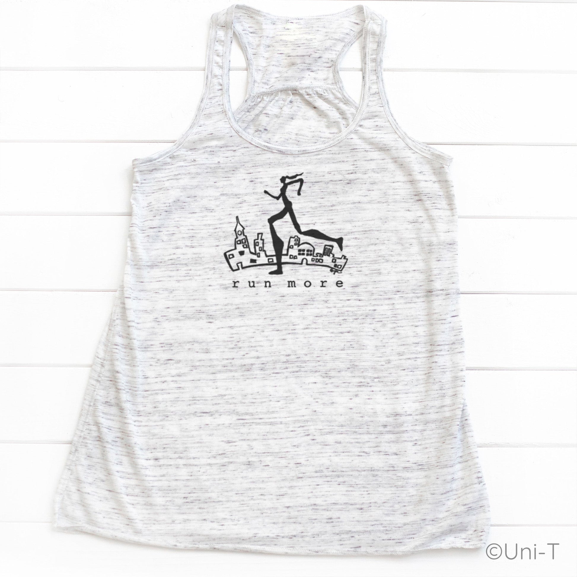 Heather white Run More Tank Top for Women with black cityscape and runner print, soft racerback style ideal for workouts and running.
