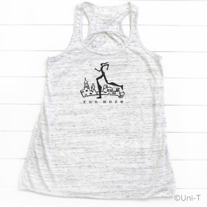 Heather white Run More Tank Top for Women with black cityscape and runner print, soft racerback style ideal for workouts and running.