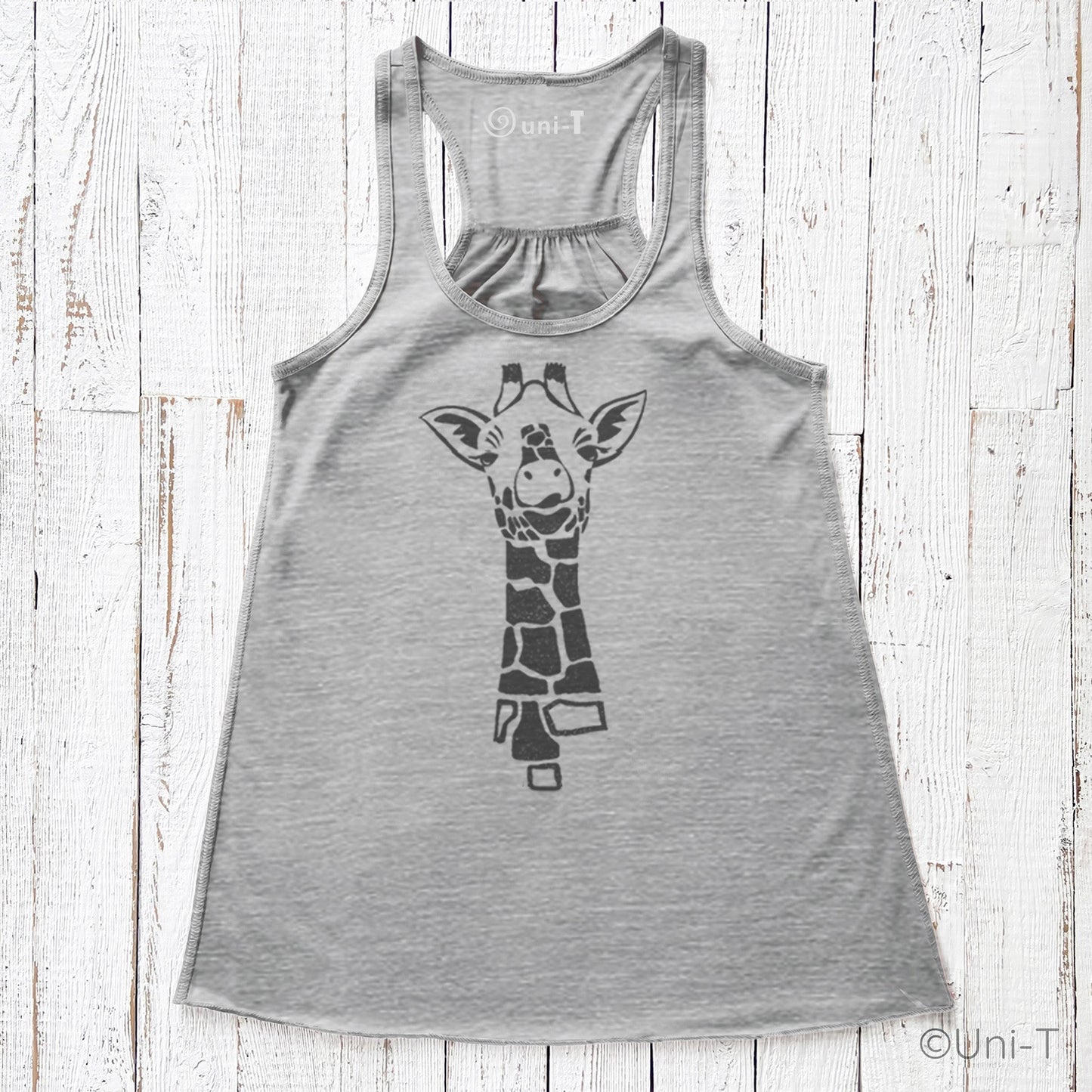 Gray racerback giraffe tank top for women with cute giraffe print. Soft flowy fabric ideal for animal lovers and unique gift ideas.