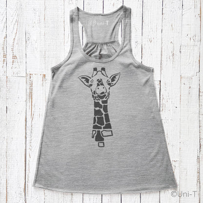 Gray racerback giraffe tank top for women with cute giraffe print. Soft flowy fabric ideal for animal lovers and unique gift ideas.