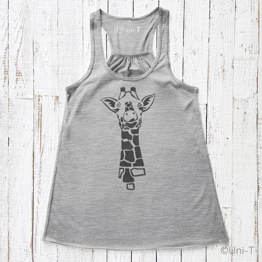 Gray racerback giraffe tank top for women with cute giraffe print. Soft flowy fabric ideal for animal lovers and unique gift ideas.