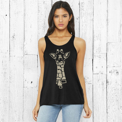 Black giraffe tank top for women featuring a beige giraffe graphic. Stylish racerback design perfect for casual wear or gifting.