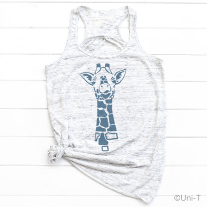 White speckled racerback tank top with blue giraffe print. Eco-friendly and trendy gift for animal lovers and women’s casual fashion.