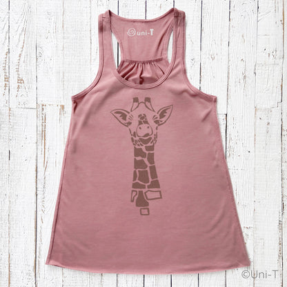 Pink flowy giraffe tank top for women with brown giraffe illustration. Lightweight racerback top ideal for gifting and summer outfits.