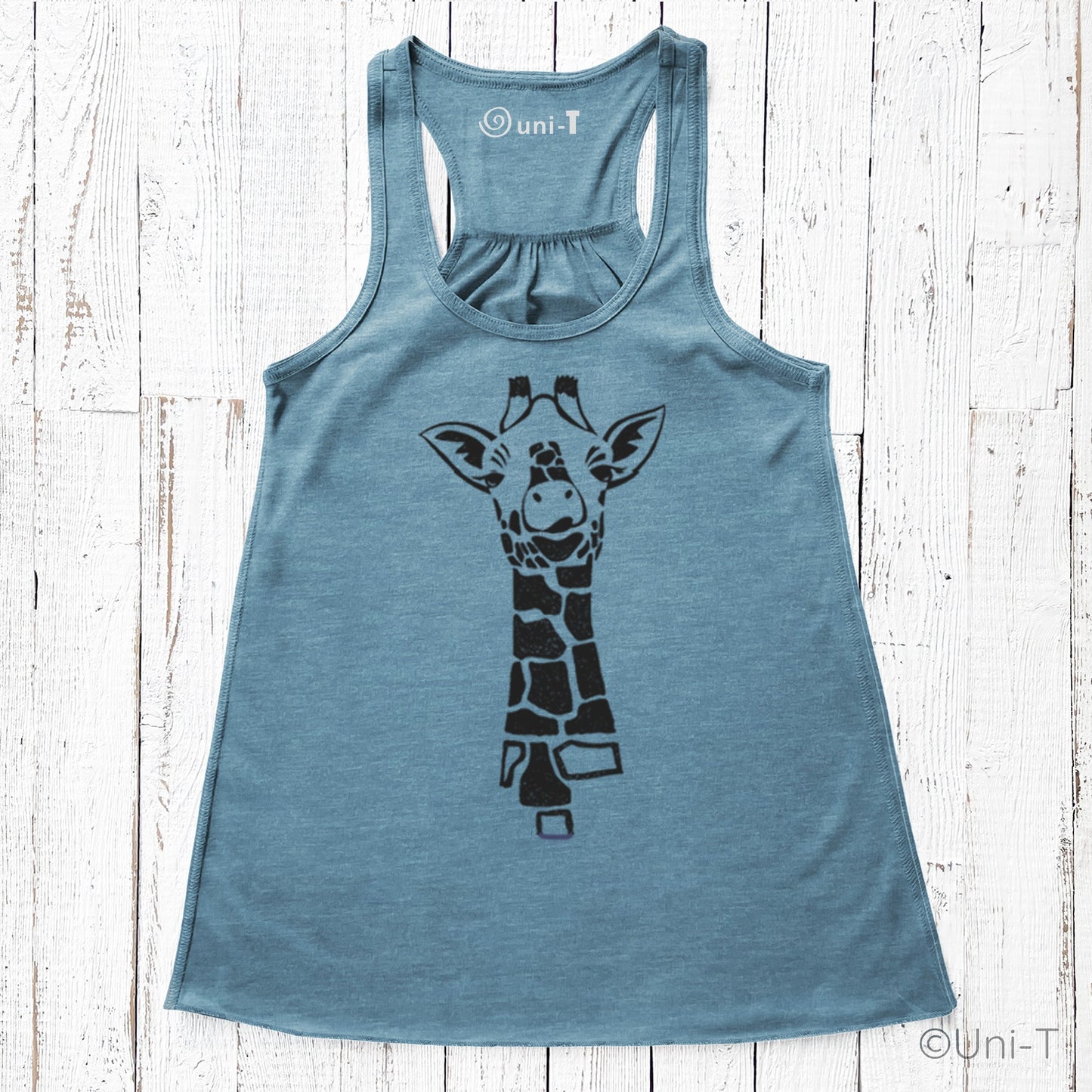 Blue racerback giraffe tank top for women with black giraffe design. Unique animal lover gift with soft, breathable fabric.