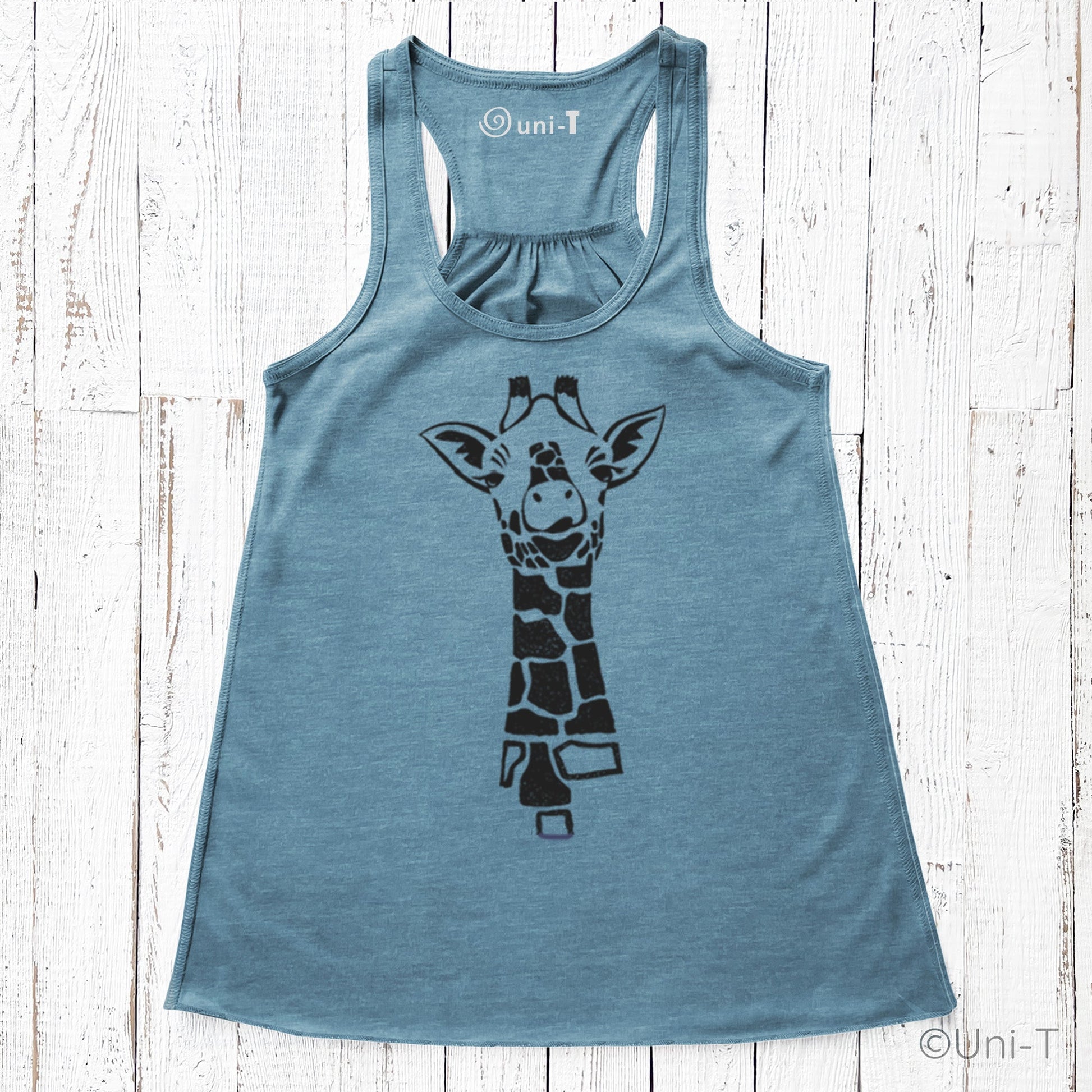 Blue racerback giraffe tank top for women with black giraffe design. Unique animal lover gift with soft, breathable fabric.