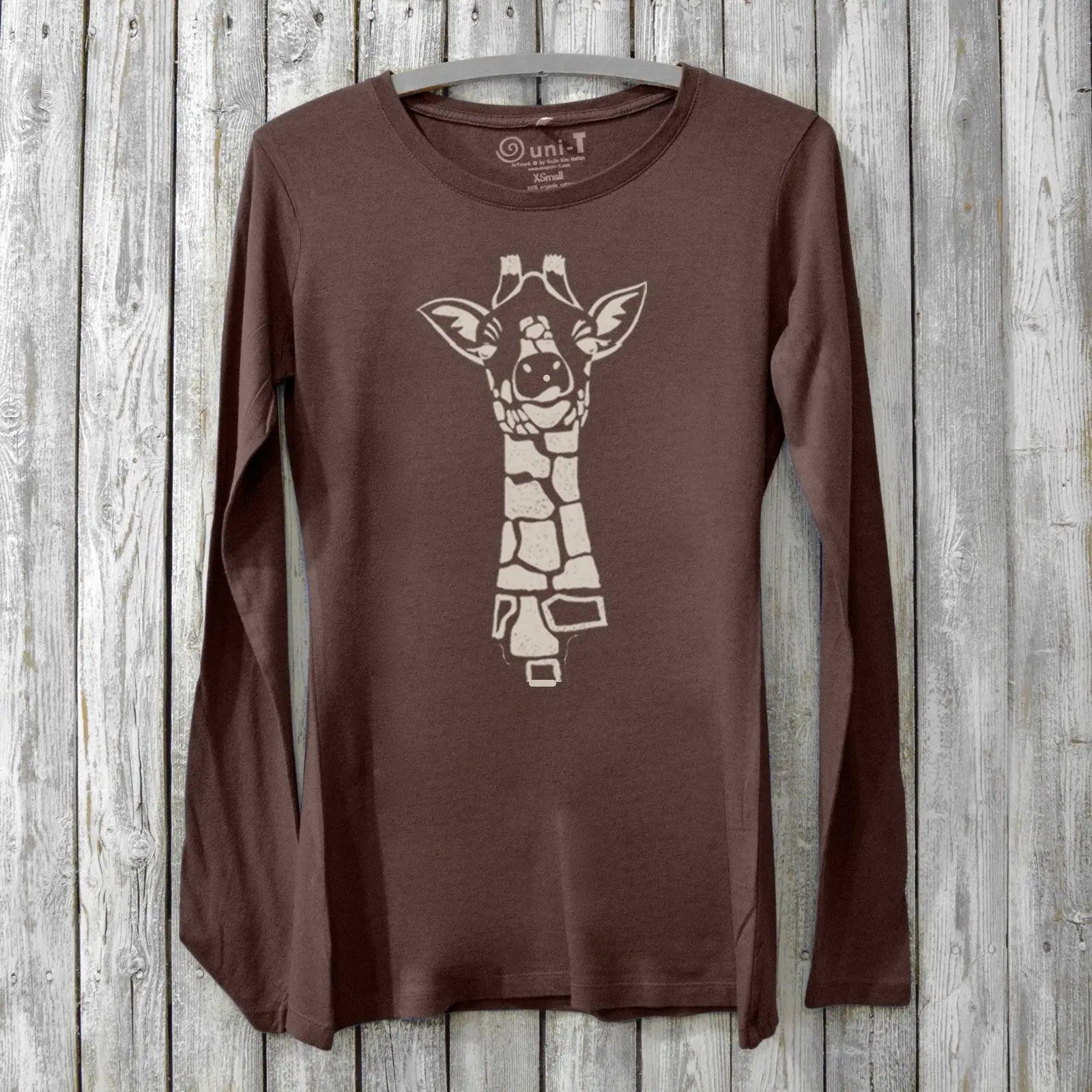 Giraffe long sleeve shirt women in dark brown bamboo cotton with whimsical animal print. Eco-friendly wildlife apparel for nature lovers.