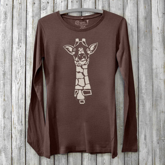 Giraffe long sleeve shirt women in dark brown bamboo cotton with whimsical animal print. Eco-friendly wildlife apparel for nature lovers.