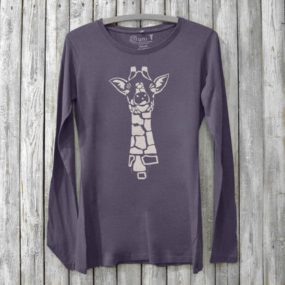 Giraffe long sleeve shirt women in dark purple bamboo organic cotton. Features playful animal print ideal for wildlife and eco-conscious fashion.
