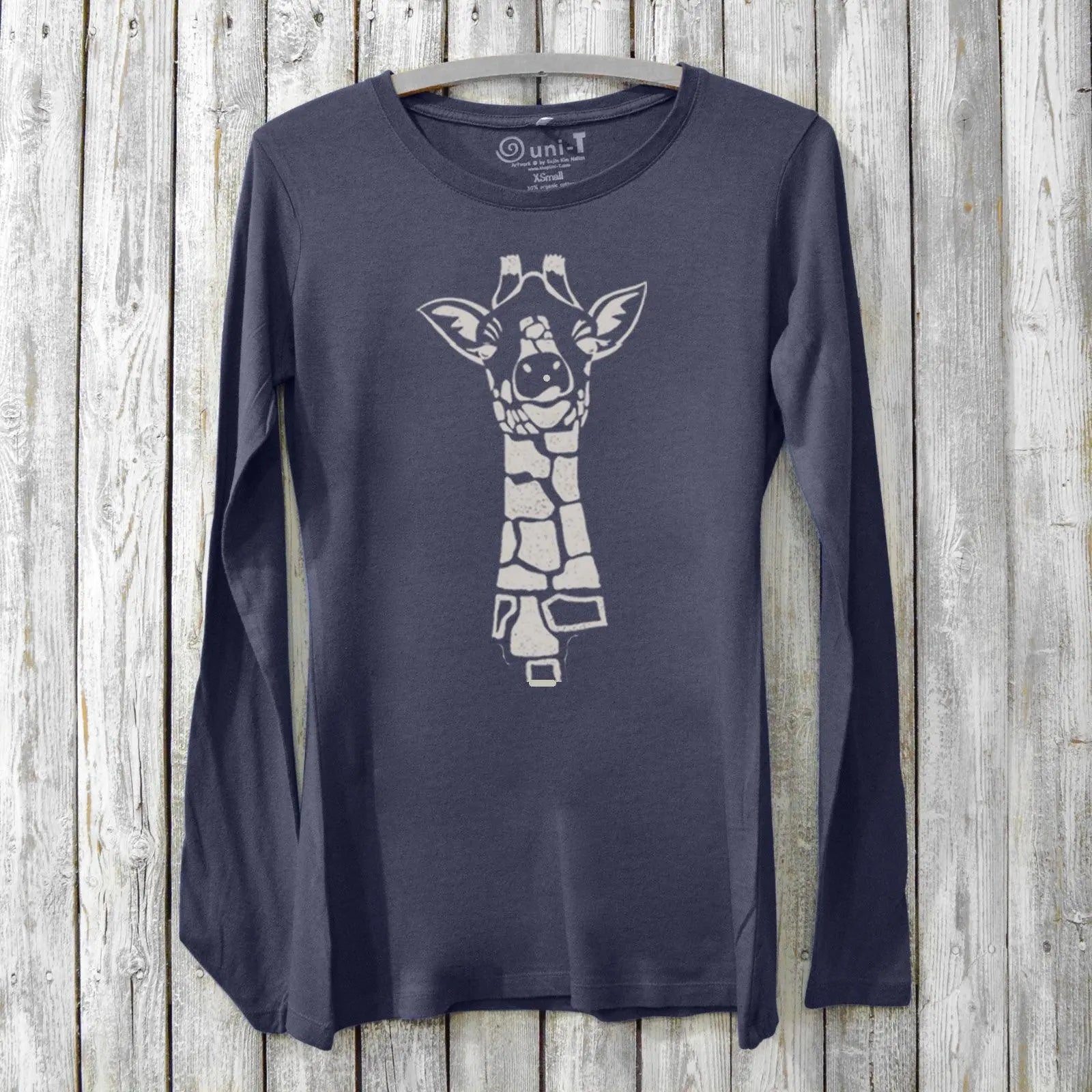 Giraffe long sleeve shirt women in navy bamboo cotton blend. Stylish animal print top perfect for wildlife enthusiasts and sustainable wardrobes.
