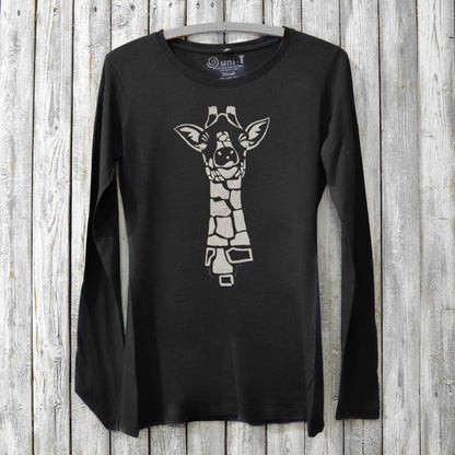 Giraffe long sleeve shirt women in black bamboo organic cotton. Unique animal print design for eco-friendly fashion and wildlife-inspired outfits.