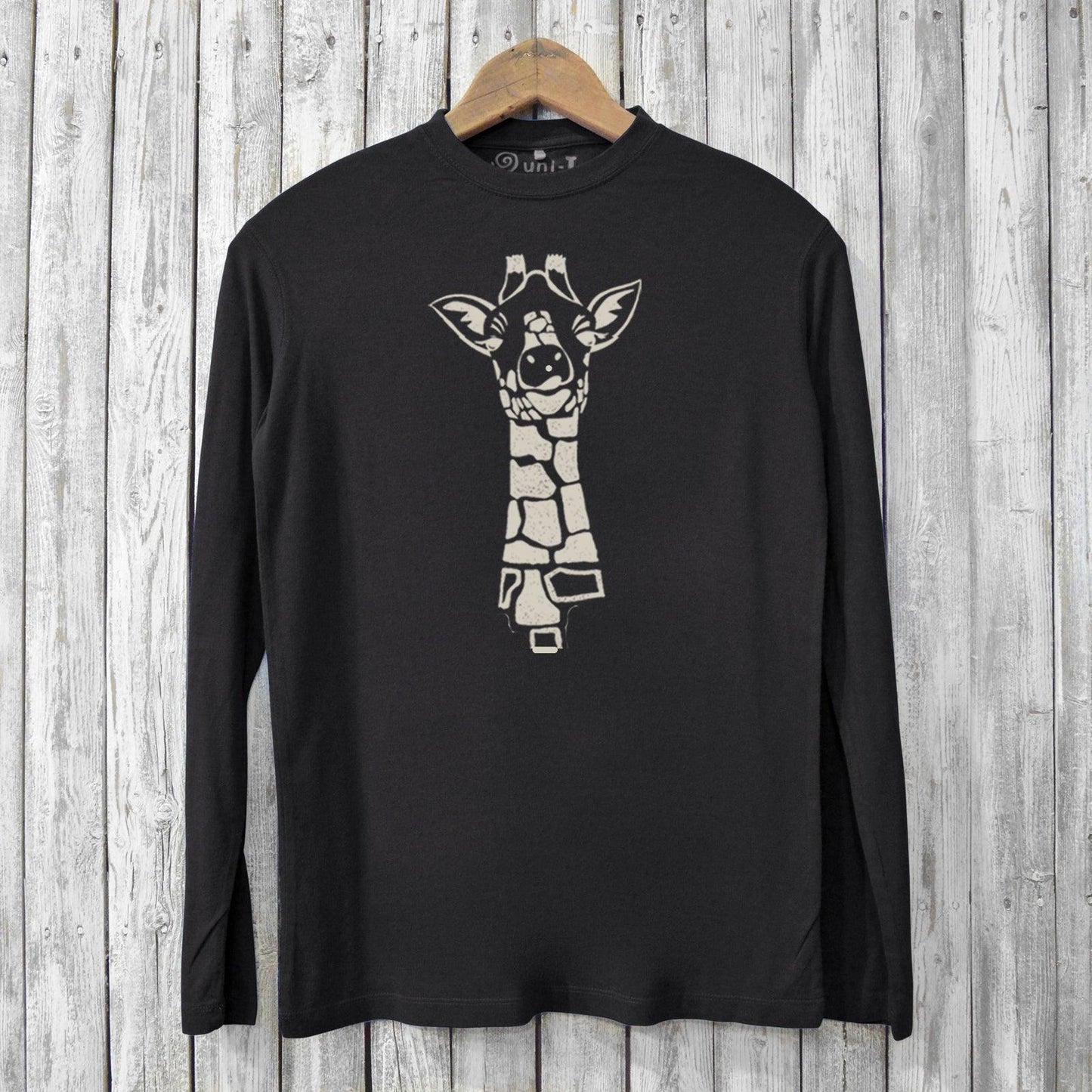 Black Giraffe Long Sleeve T-shirt for men made from bamboo and organic cotton. Features eco-friendly ink giraffe graphic for wildlife lovers.