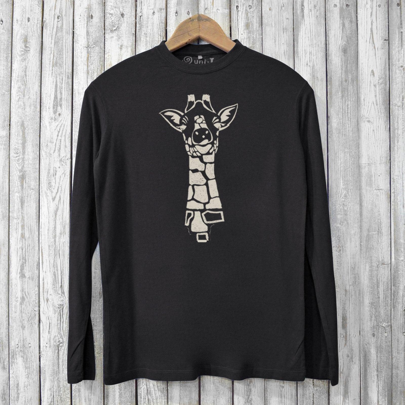 Black Giraffe Long Sleeve T-shirt for men made from bamboo and organic cotton. Features eco-friendly ink giraffe graphic for wildlife lovers.
