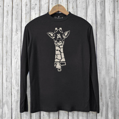 Black Giraffe Long Sleeve T-shirt for men made from bamboo and organic cotton. Features eco-friendly ink giraffe graphic for wildlife lovers.