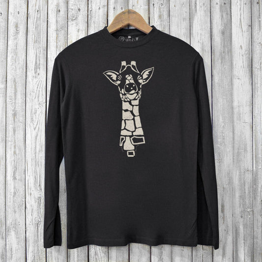 Black Giraffe Long Sleeve T-shirt for men made from bamboo and organic cotton. Features eco-friendly ink giraffe graphic for wildlife lovers.