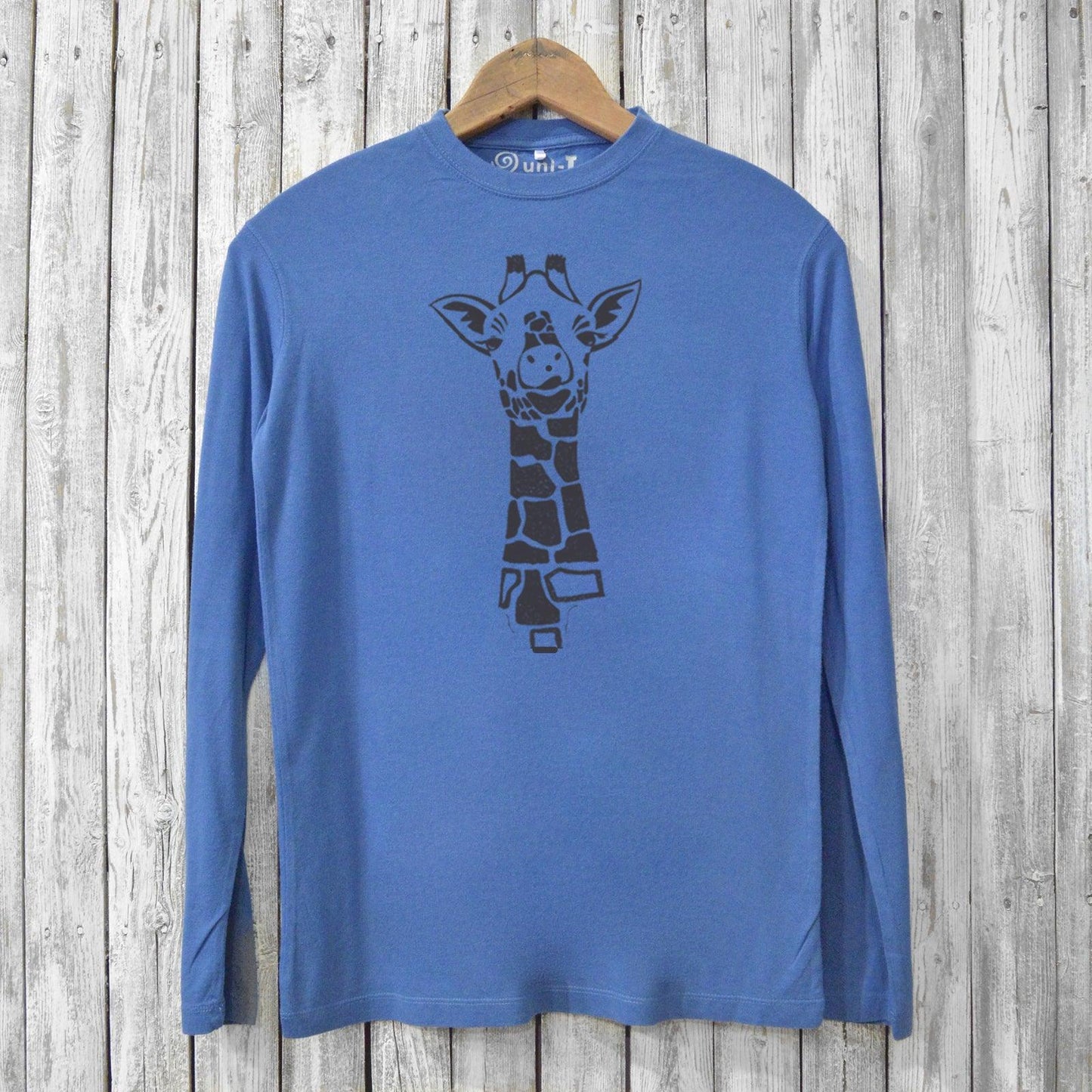 Blue bamboo and organic cotton men's long sleeve T-shirt with bold giraffe graphic. Sustainable and breathable eco graphic tee for outdoor wear.