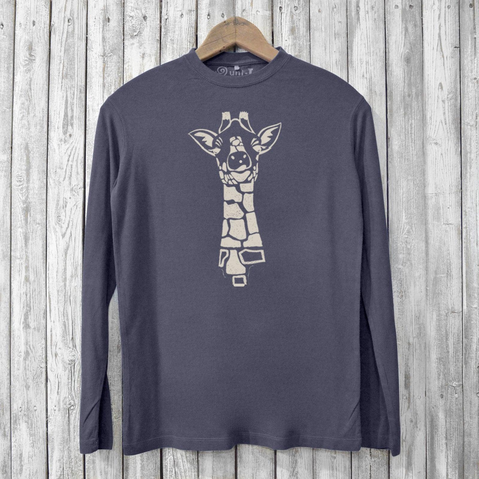Charcoal grey men's long sleeve giraffe T-shirt crafted from bamboo and organic cotton. Eco-conscious graphic shirt ideal for animal enthusiasts.
