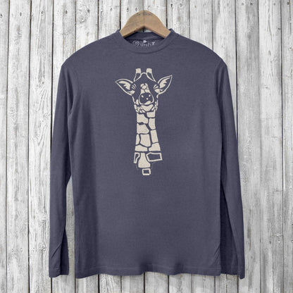 Charcoal grey men's long sleeve giraffe T-shirt crafted from bamboo and organic cotton. Eco-conscious graphic shirt ideal for animal enthusiasts.
