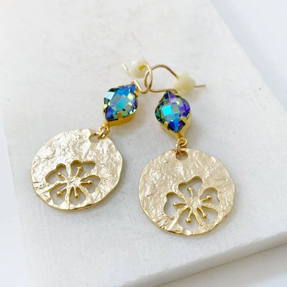 Gold Hibiscus Hammered Disc and Crystal, 14K Gold Filled Earrings Regina McGearty