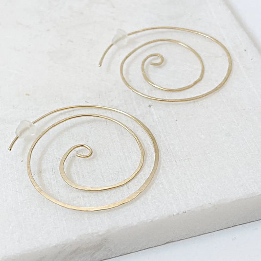 Gold Swirl Hoop Earrings made from 20 gauge gold filled wire, featuring a 1.5 inch spiral design ideal for elegant accessorizing.
