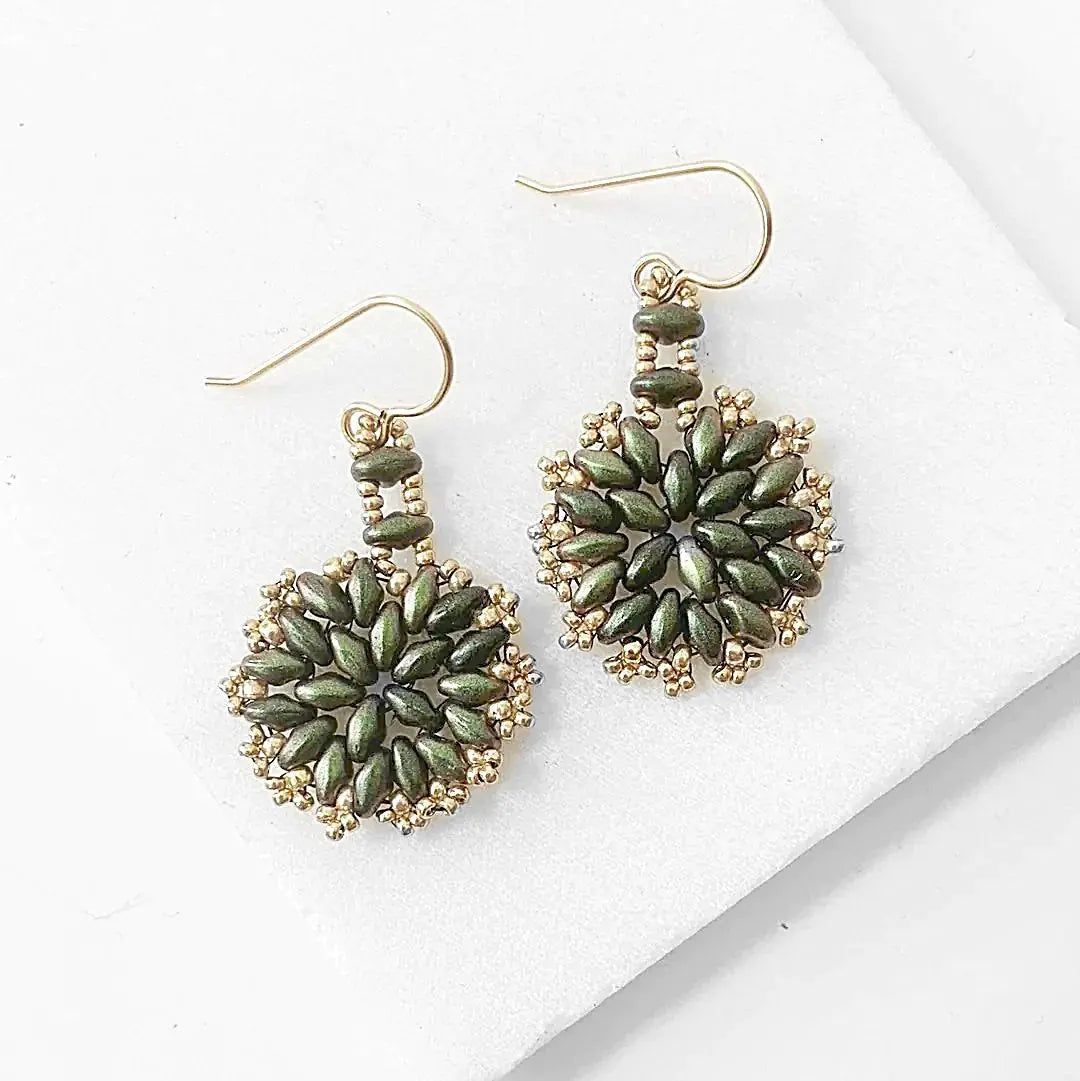 Green flower medallion earrings with silver and amethyst beads, featuring frosted green petals and gold-filled ear wires. Elegant handmade accessory.