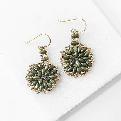 Green flower medallion earrings with silver and amethyst beads, featuring frosted green petals and gold-filled ear wires. Elegant handmade accessory.