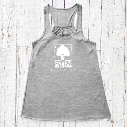 "Grow More" flowy tank top in heather grey featuring tree and roots design, soft poly-viscose blend for sustainable fashion lovers.