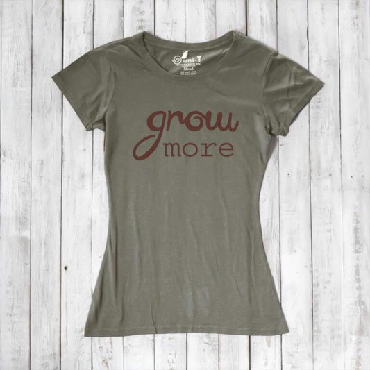 Women's Gardening T-Shirt in Bamboo & Organic Cotton with 'Grow More' quote in brown on olive green. Eco-friendly gift for plant lovers.
