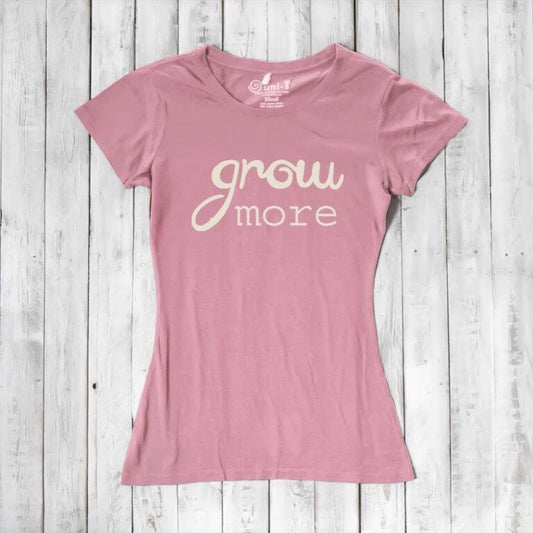 Women's Bamboo & Organic Cotton T-Shirt in rustic pink with cream 'Grow More' typography. Sustainable gardening-themed apparel by Uni-T.