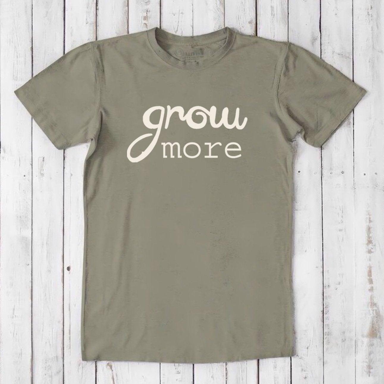 Khaki-green 'Grow More' men's gardening T-shirt in bamboo and organic cotton, classic fit eco-friendly tee for plant lovers by Uni-T.