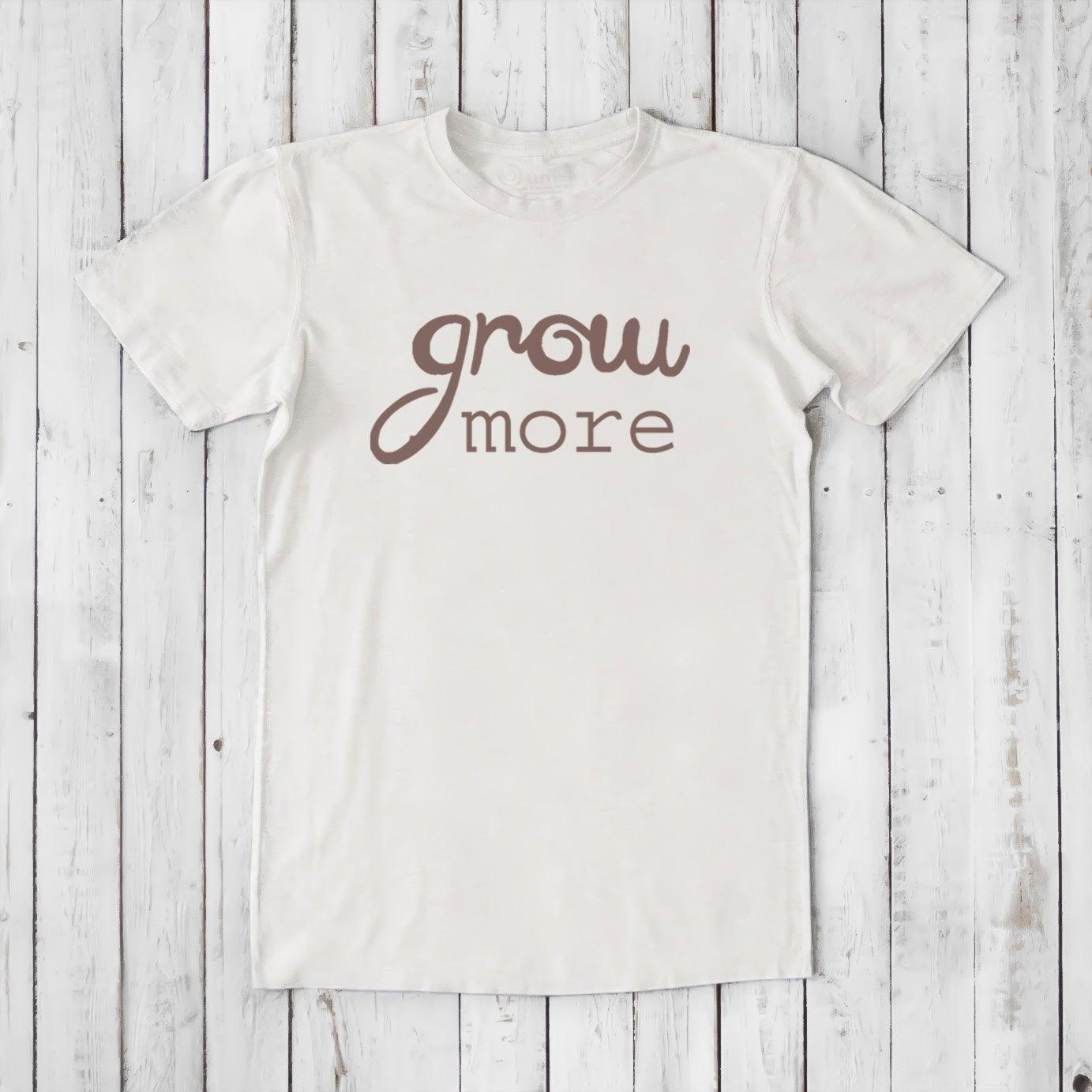 Ivory 'Grow More' men's bamboo and organic cotton gardening T-shirt, soft breathable fabric, perfect gift for eco-conscious plant lovers.