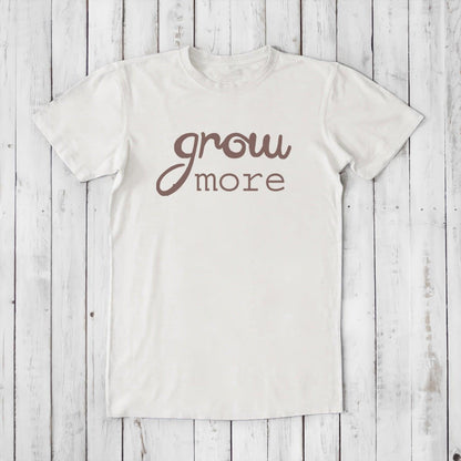 Ivory 'Grow More' men's bamboo and organic cotton gardening T-shirt, soft breathable fabric, perfect gift for eco-conscious plant lovers.