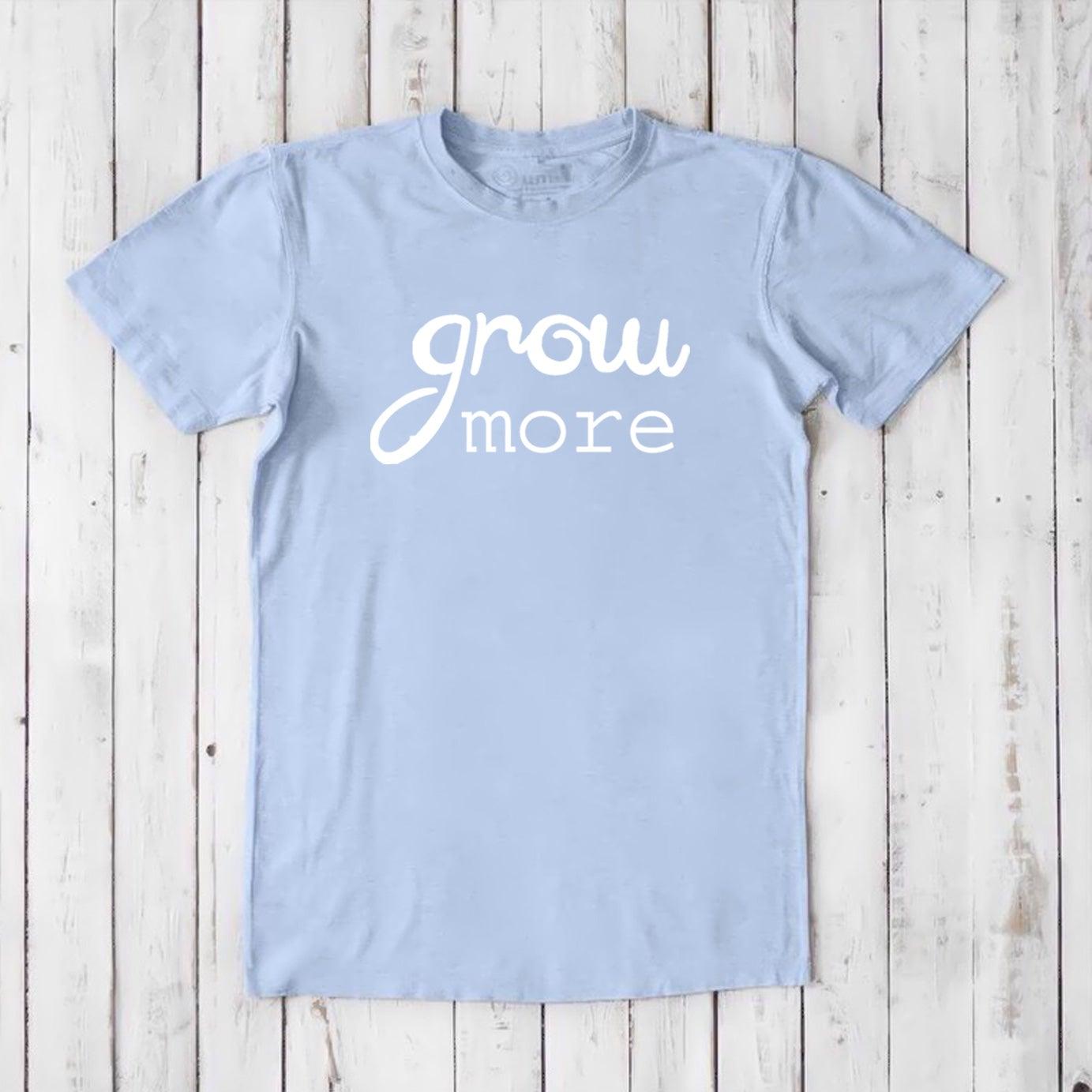 Light blue 'Grow More' men's graphic T-shirt made from bamboo and organic cotton, sustainable garden-themed tee by Uni-T.