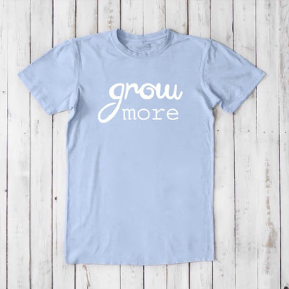 Light blue 'Grow More' men's graphic T-shirt made from bamboo and organic cotton, sustainable garden-themed tee by Uni-T.
